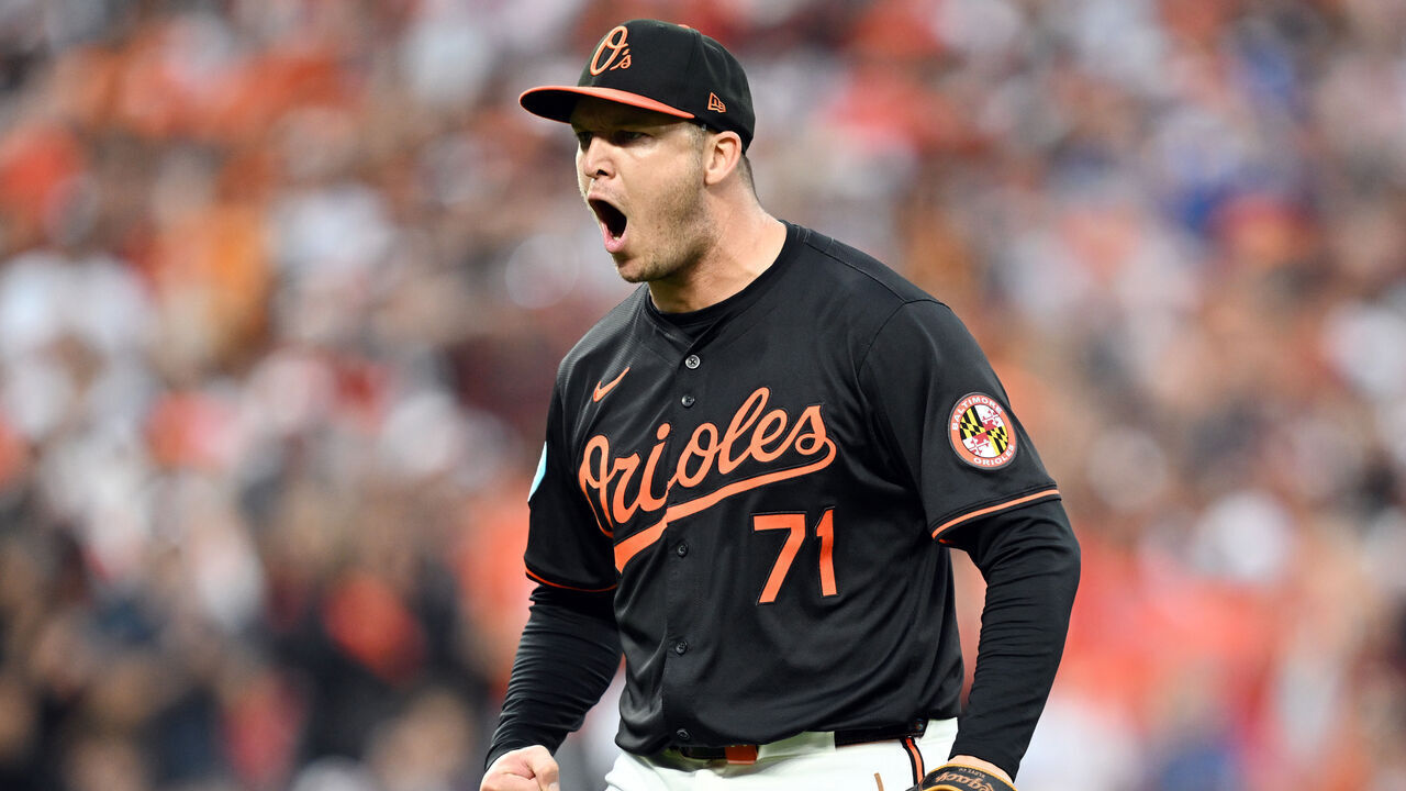 BALTIMORE, MARYLAND - OCTOBER 02: Jacob Webb #71 of the Baltimore Orioles celebrates after striking out MJ Melendez (not pictured) of the Kansas City Royals to end the fifth inning of Game Two of the Wild Card Series at Oriole Park at Camden Yards on October 02, 2024 in Baltimore, Maryland.