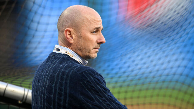 CLEVELAND, OH - OCTOBER 15, 2022: Senior Vice President, general manager Brian Cashman of the New York Yankees looks on prior to Game 3 of the American League Division Series against the Cleveland Guardians at Progressive Field on October 15, 2022 in Cleveland, Ohio.