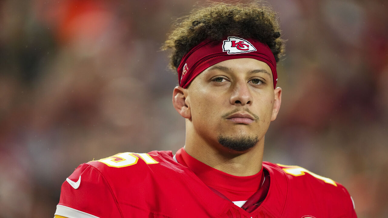 KANSAS CITY, MO - DECEMBER 08: Patrick Mahomes #15 of the Kansas City Chiefs looks on from the sideline prior to an NFL football game against the Los Angeles Chargers at GEHA Field at Arrowhead Stadium on December 8, 2024 in Kansas City, Missouri.