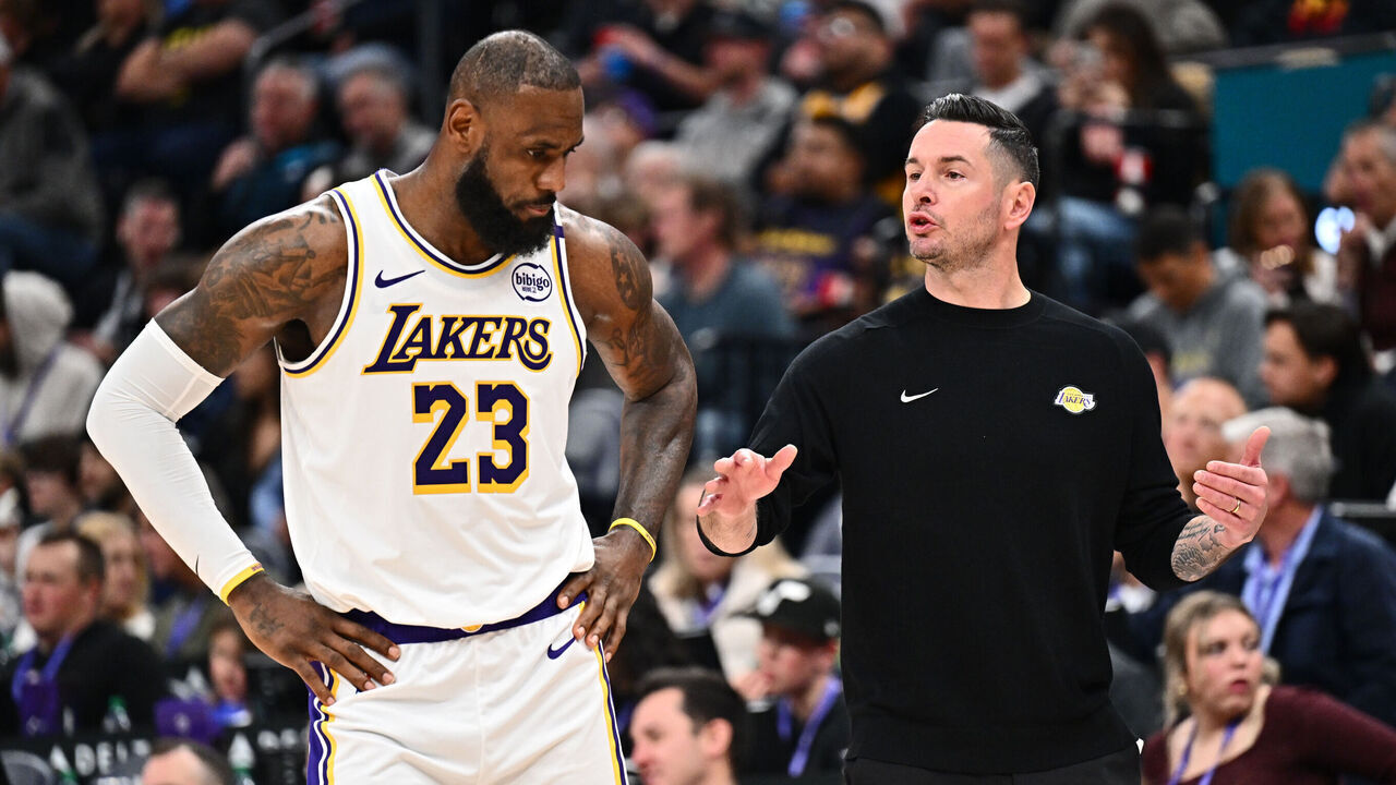 SALT LAKE CITY, UT - DECEMBER 1: LeBron James #23 and Head Coach JJ Redick of the Los Angeles Lakers talk during the game against the Utah Jazz on December 1, 2024 at Delta Center in Salt Lake City, Utah. Mandatory Copyright Notice: Copyright 2024 NBAE