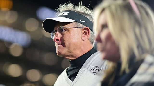 ORLANDO, FLORIDA - NOVEMBER 29: Head coach Gus Malzahn of the UCF Knights walks off the field after a 28-14 loss to Utah Utes at FBC Mortgage Stadium on November 29, 2024 in Orlando, Florida.