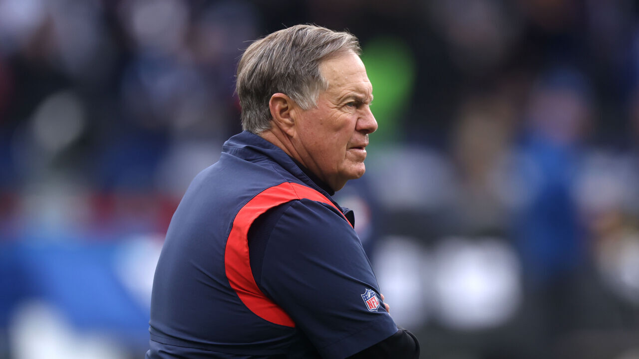 FRANKFURT AM MAIN, GERMANY - NOVEMBER 12: Bill Belichick, Head Coach of the New England Patriots, looks on prior to the NFL match between Indianapolis Colts and New England Patriots at Deutsche Bank Park on November 12, 2023 in Frankfurt am Main, Germany.