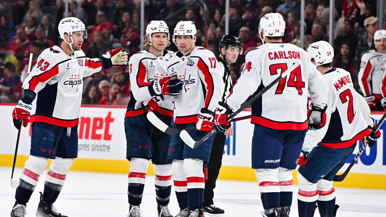 MONTREAL, CANADA - DECEMBER 07: Dylan Strome #17 of the Washington Capitals celebrates his goal with teammates Tom Wilson #43, Jakob Chychrun #6, John Carlson #74 and Connor McMichael #24 during the third period against the Montreal Canadiens at the Bell Centre on December 7, 2024 in Montreal, Quebec, Canada. The Washington Capitals defeated the Montreal Canadiens 4-2.