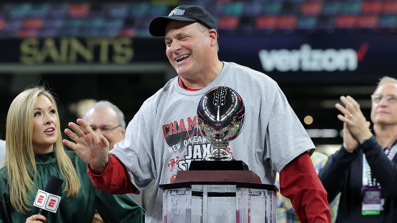 NEW ORLEANS, LOUISIANA - DECEMBER 16: Head coach Rich Rodriguez of the Jacksonville State Gamecocks speaks at the podium after a win over the Louisiana-Lafayette Ragin Cajuns after the R+L Carriers New Orleans Bowl at Caesars Superdome on December 16, 2023 in New Orleans, Louisiana.