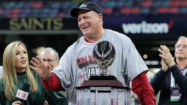 NEW ORLEANS, LOUISIANA - DECEMBER 16: Head coach Rich Rodriguez of the Jacksonville State Gamecocks speaks at the podium after a win over the Louisiana-Lafayette Ragin Cajuns after the R+L Carriers New Orleans Bowl at Caesars Superdome on December 16, 2023 in New Orleans, Louisiana.