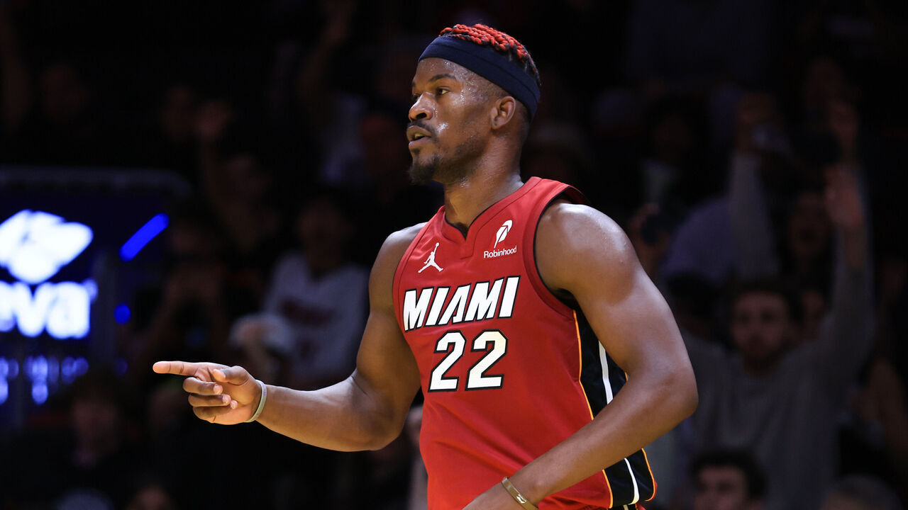 MIAMI, FLORIDA - NOVEMBER 29: Jimmy Butler #22 of the Miami Heat reacts after making a basket against the Toronto Raptors during the second quarter of the Emirates NBA Cup at Kaseya Center on November 29, 2024 in Miami, Florida.