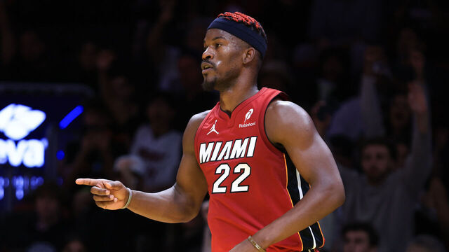 MIAMI, FLORIDA - NOVEMBER 29: Jimmy Butler #22 of the Miami Heat reacts after making a basket against the Toronto Raptors during the second quarter of the Emirates NBA Cup at Kaseya Center on November 29, 2024 in Miami, Florida.