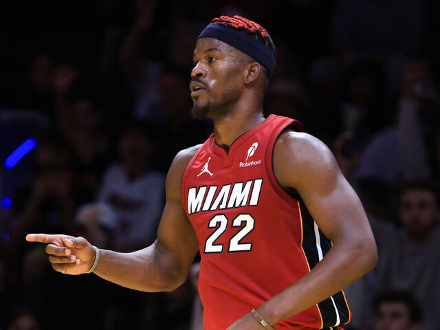 MIAMI, FLORIDA - NOVEMBER 29: Jimmy Butler #22 of the Miami Heat reacts after making a basket against the Toronto Raptors during the second quarter of the Emirates NBA Cup at Kaseya Center on November 29, 2024 in Miami, Florida.