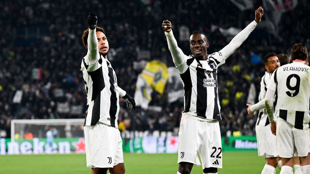 TURIN, ITALY - DECEMBER 11: Weston McKennie of Juventus celebrates after scoring his team's second goal with teammate Timothy Weah during the UEFA Champions League 2024/25 League Phase MD6 match between Juventus and Manchester City at Juventus Stadium on December 11, 2024 in Turin, Italy.