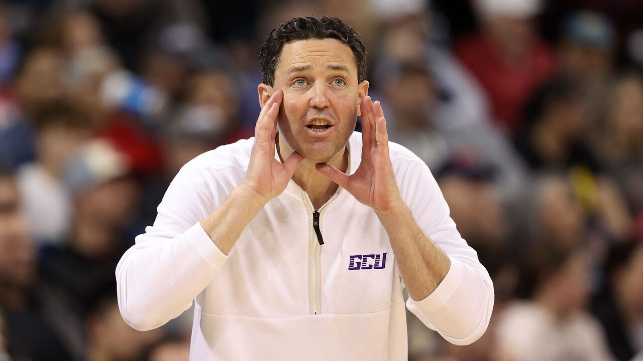 SPOKANE, WASHINGTON - MARCH 24: Head coach Bryce Drew of the Grand Canyon Antelopes reacts to a play during the second half against the Alabama Crimson Tide in the second round of the NCAA Men's Basketball Tournament at Spokane Veterans Memorial Arena on March 24, 2024 in Spokane, Washington.