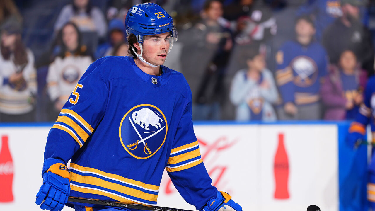 BUFFALO, NEW YORK - NOVEMBER 27: Owen Power #25 of the Buffalo Sabres warms up prior to an NHL game against the Minnesota Wild on November 27, 2024 at KeyBank Center in Buffalo, New York.