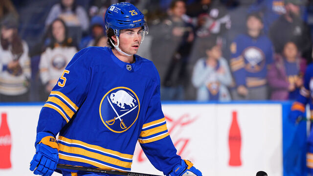 BUFFALO, NEW YORK - NOVEMBER 27: Owen Power #25 of the Buffalo Sabres warms up prior to an NHL game against the Minnesota Wild on November 27, 2024 at KeyBank Center in Buffalo, New York.
