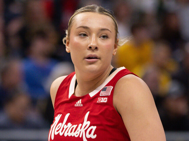 MINNEAPOLIS, MN - MARCH 10: Nebraska Cornhuskers center Alexis Markowski (40) looks on during the second half of a Big Ten Women's Basketball Tournament championship game between the Iowa Hawkeyes and Nebraska Cornhuskers on March 10, 2024, at the the Target Center in Minneapolis, MN.