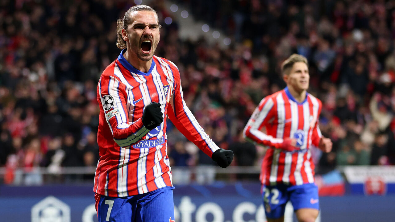 MADRID, SPAIN - DECEMBER 11: Antoine Griezmann of Atletico de Madrid celebrates scoring his team's second goal during the UEFA Champions League 2024/25 League Phase MD6 match between Atletico de Madrid and SK Slovan Bratislava at Riyadh Air Metropolitano on December 11, 2024 in Madrid, Spain.
