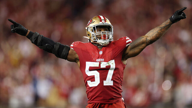 SANTA CLARA, CALIFORNIA - JANUARY 28: Dre Greenlaw #57 of the San Francisco 49ers celebrates after a stop during the fourth quarter against the Detroit Lions in the NFC Championship Game at Levi's Stadium on January 28, 2024 in Santa Clara, California.