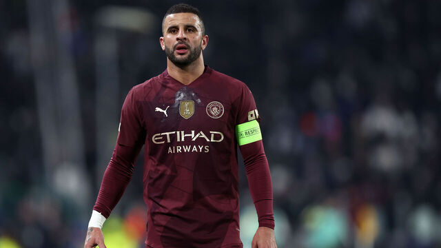 Turin, Italy - December 11: Kyle Walker of Manchester City FC looks on during the UEFA Champions League 2024/25 League Phase MD6 match between Juventus and Manchester City at Allianz Stadium on December 11, 2024 in Turin, Italy.