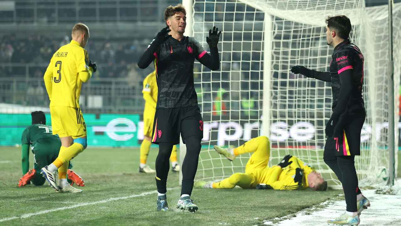 ALMATY, KAZAKHSTAN - DECEMBER 12: Marc Guiu of Chelsea celebrates scoring his team's second goal with teammate Pedro Neto during the UEFA Conference League 2024/25 League Phase MD5 match between FC Astana and Chelsea FC at Almaty Ortalyk Stadion on December 12, 2024 in Almaty, Kazakhstan.