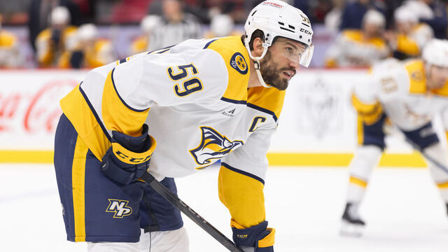 OTTAWA, ON - DECEMBER 07: Nashville Predators Defenceman Roman Josi (59) before a face-off during second period National Hockey League action between the Nashville Predators and Ottawa Senators on December 7, 2024, at Canadian Tire Centre in Ottawa, ON, Canada.