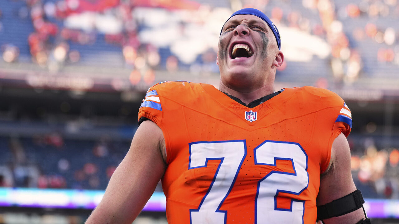 DENVER, CO - OCTOBER 06: Garett Bolles #72 of the Denver Broncos celebrates after defeating the Las Vegas Raiders during an NFL football game at Empower Field at Mile High on October 6, 2024 in Denver, Colorado.