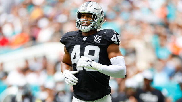 MIAMI GARDENS, FLORIDA - NOVEMBER 17: Charles Snowden #49 of the Las Vegas Raiders walks between plays during the first half against the Miami Dolphins at Hard Rock Stadium on November 17, 2024 in Miami Gardens, Florida.