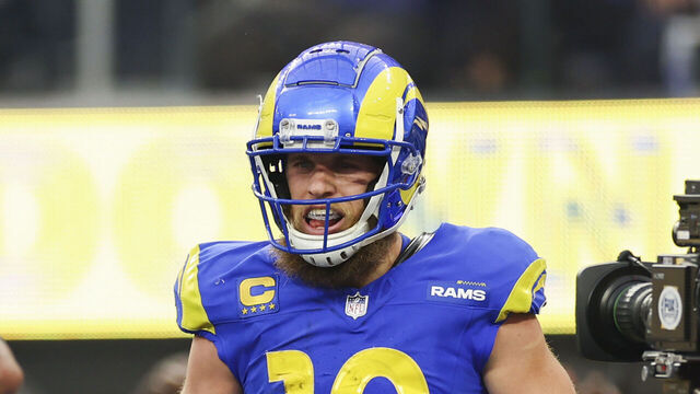 INGLEWOOD, CALIFORNIA - DECEMBER 08: Cooper Kupp #10 of the Los Angeles Rams celebrates with teammates after scoring a touchdown in the third quarter of a game against the Buffalo Bills at SoFi Stadium on December 08, 2024 in Inglewood, California.