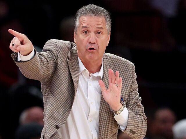 NEW YORK, NEW YORK - DECEMBER 10: Head coach John Calipari of the Arkansas Razorbacks reacts against the Michigan Wolverines during the first half of the Jimmy V Classic at Madison Square Garden on December 10, 2024 in New York City.