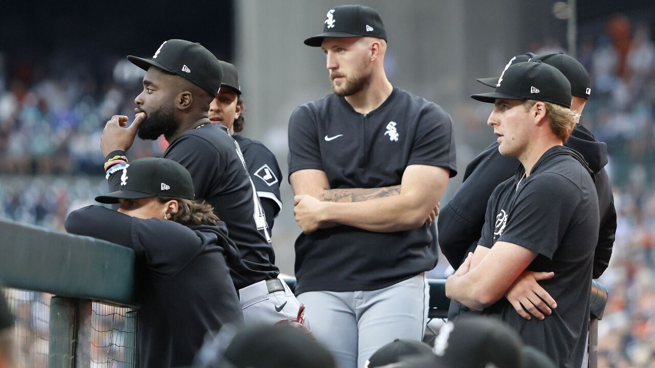 DETROIT, MI - SEPTEMBER 29: Bryan Ramos #44 (L), Garrett Crochet #45 (C) and Jonathan Cannon #48 (R) of the Chicago White Sox and others look on during the final game of the year, against the Detroit Tigers, at Comerica Park on September 29, 2024 in Detroit, Michigan.