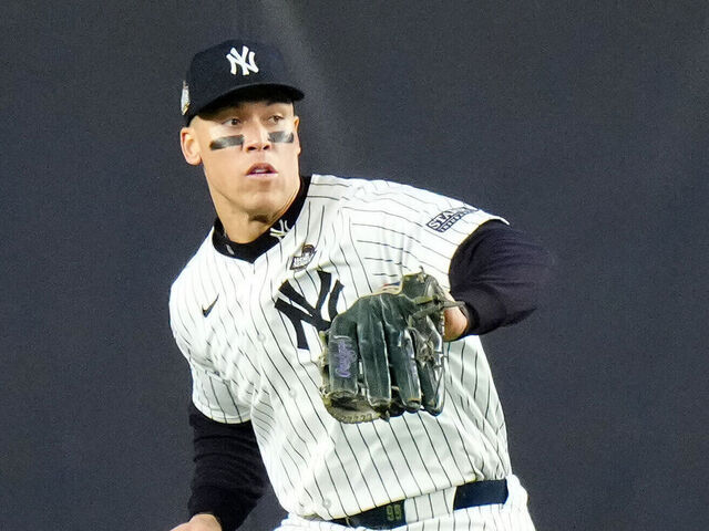 NEW YORK, NY - OCTOBER 30: Aaron Judge #99 of the New York Yankees drops a fly ball in the fifth inning during Game 5 of the 2024 World Series presented by Capital One between the Los Angeles Dodgers and the New York Yankees at Yankee Stadium on Wednesday, October 30, 2024 in New York, New York.