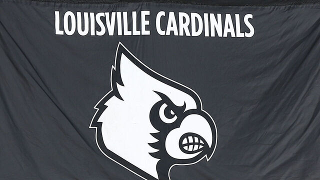 CHARLOTTESVILLE, VA - OCTOBER 12: Louisville Cardinals logo on the sidelines during a college football game between the Louisville Cardinals and the Virginia Cavaliers on October 12, 2024, at Scott Stadium in Charlottesville, VA.
