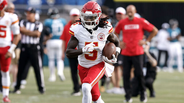 JACKSONVILLE, FL - AUGUST 10: Wide Receiver Hollywood Brown #5 of the Kansas City Chiefs warms up prior to a preseason game against the Jacksonville Jaguars at EverBank Stadium on August 10, 2024 in Jacksonville, Florida. The Jaguars defeated the Chiefs 26 to 13.