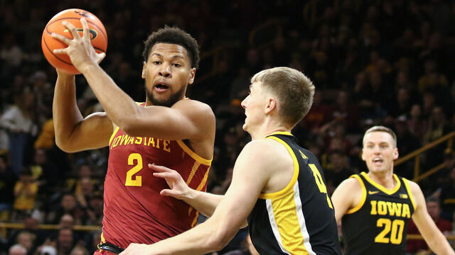IOWA CITY, IOWA- DECEMBER 12: Forward Joshua Jefferson #2 of the Iowa State Cyclones goes to the basket during the first half against guard Josh Dix #4 of the Iowa Hawkeyes, at Carver-Hawkeye Arena on December 12, 2024 in Iowa City, Iowa.