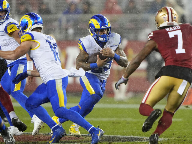 SANTA CLARA, CALIFORNIA - DECEMBER 12: Kyren Williams #23 of the Los Angeles Rams runs the ball against the San Francisco 49ers during the second quarter in the game at Levi's Stadium on December 12, 2024 in Santa Clara, California.