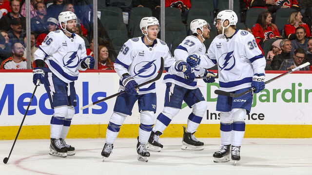 CALGARY, AB - DECEMBER 12: Jake Guentzel #59 of the Tampa Bay Lightning celebrates with teammates after a goal against the Calgary Flames at Scotiabank Saddledome on December 12, 2024 in Calgary, Alberta, Canada.