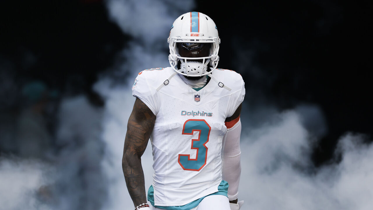 MIAMI GARDENS, FL - NOVEMBER 24: Miami Dolphins wide receiver Odell Beckham Jr. (3) runs out on the field before the game between the Miami Dolphins and the New England Patriots on November 24, 2024 at Hard Rock Stadium in Miami Gardens, Fl.