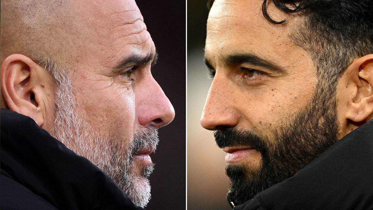FILE PHOTO (EDITORS NOTE: COMPOSITE OF IMAGES - Image numbers 2182484184, 2187345604) In this composite image a comparison has been made between Pep Guardiola, Manager of Manchester City (L) and Ruben Amorim, Head Coach of Manchester United. Manchester City and Manchester United meet in a Premier League match on December 15,2024 at the Etihad Stadium in Manchester, England. ***LEFT IMAGE*** BOURNEMOUTH, ENGLAND - NOVEMBER 02: Pep Guardiola, Manager of Manchester City, looks on prior to the Premier League match between AFC Bournemouth and Manchester City FC at Vitality Stadium on November 02, 2024 in Bournemouth, England.