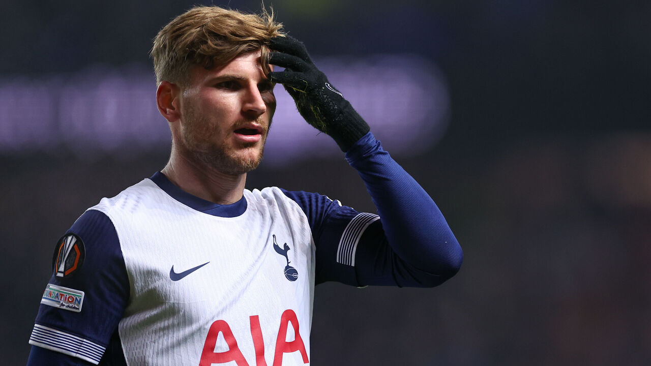 GLASGOW, SCOTLAND - DECEMBER 12: Timo Werner of Tottenham Hotspur during the UEFA Europa League 2024/25 League Phase MD6 match between Rangers FC and Tottenham Hotspur at Ibrox Stadium on December 12, 2024 in Glasgow, Scotland.