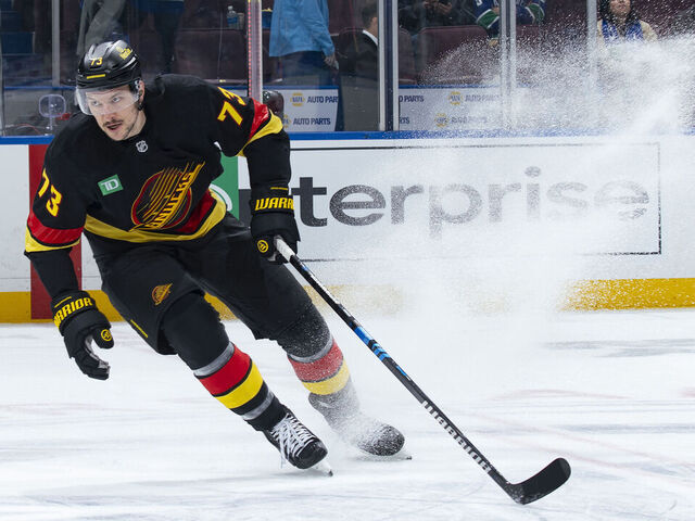 VANCOUVER, CANADA - DECEMBER 8: Vincent Desharnais #73 of the Vancouver Canucks skates up ice during their NHL game against the Tampa Bay Lightning at Rogers Arena on December 8, 2024 in Vancouver, British Columbia, Canada.