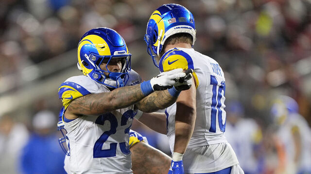 SANTA CLARA, CALIFORNIA - DECEMBER 12: Kyren Williams #23 of the Los Angeles Rams celebrates with Cooper Kupp #10 after a first down against the San Francisco 49ers during the third quarter in the game at Levi's Stadium on December 12, 2024 in Santa Clara, California.
