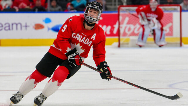 EDMONTON, CANADA AUGUST 10: Gavin McKenna #9 of Team Canada in action against Team Czechia during the Gold Medal Game of the 2024 Hlinka Gretzky Cup at Rogers Place on August 10, 2024, in Edmonton, Alberta, Canada.