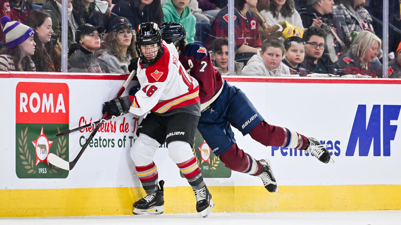 LAVAL, CANADA - NOVEMBER 30: Kateina Mrázová #16 of the Ottawa Charge checks Laura Stacey #7 of the Montreal Victoire during the second period at Place Bell on November 30, 2024 in Laval, Quebec, Canada. The Montreal Victoire defeated the Ottawa Charge 4-3 in a shootout.