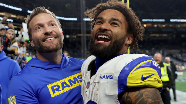 SEATTLE, WASHINGTON - NOVEMBER 03: Head coach Sean McVay and Kyren Williams #23 of the Los Angeles Rams celebrate after beating the Seattle Seahawks at Lumen Field on November 03, 2024 in Seattle, Washington.