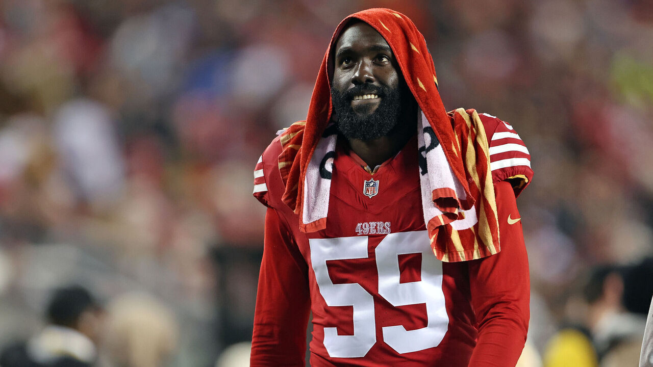 San Francisco 49ers' De'Vondre Campbell walks to the locker room in 2nd half of 12-6 loss to Los Angeles Rams in NFL game at Levi's Stadium in Santa Clara, Calif., on Thursday, December 12, 2024.