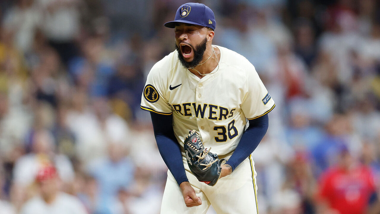 MILWAUKEE, WISCONSIN - SEPTEMBER 18: Devin Williams #38 of the Milwaukee Brewers reacts after a strike out in the ninth inning against the Philadelphia Phillies at American Family Field on September 18, 2024 in Milwaukee, Wisconsin.