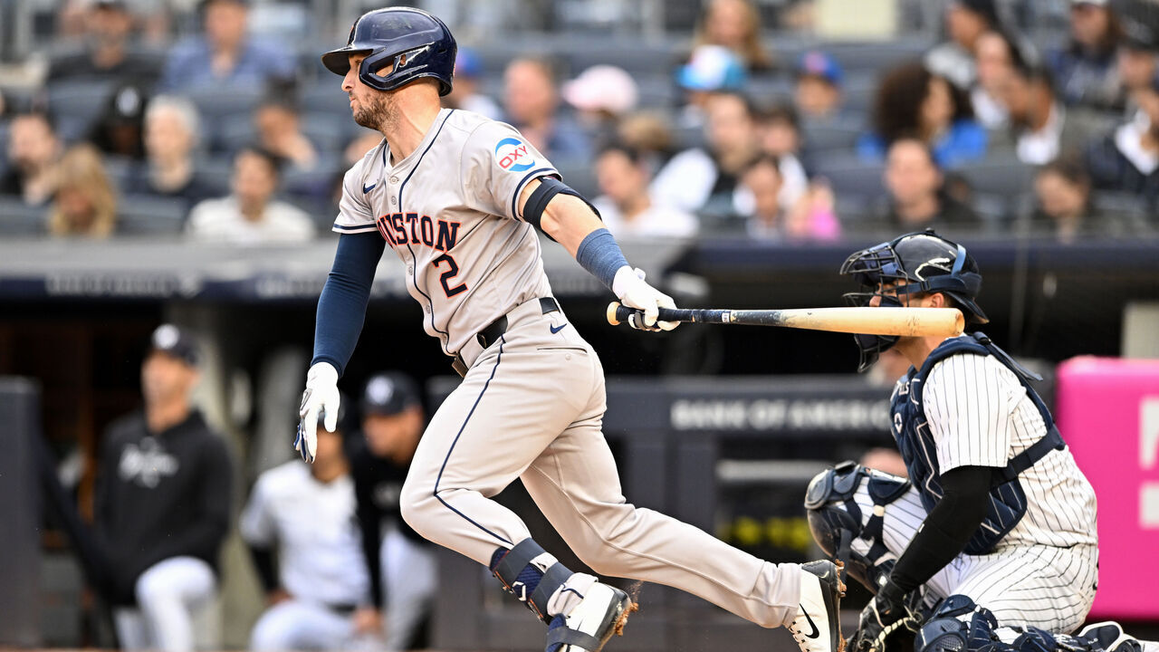 NEW YORK, NEW YORK - MAY 09, 2024: Alex Bregman #2 of the Houston Astros hits a single during the sixth inning against the New York Yankees at Yankee Stadium on May 09, 2024 in New York, New York.