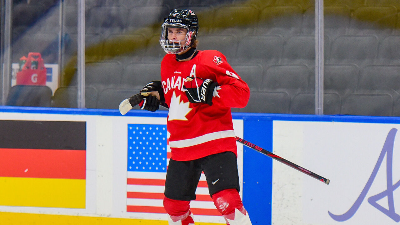 EDMONTON, CANADA AUGUST 05: Gavin McKenna #9 of Team Canada celebrates a goal during the preliminary round game against Team Switzerland on Day One of the 2024 Hlinka Gretzky Cup at Rogers Place on August 05, 2024, in Edmonton, Alberta, Canada.
