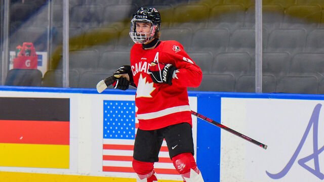EDMONTON, CANADA AUGUST 05: Gavin McKenna #9 of Team Canada celebrates a goal during the preliminary round game against Team Switzerland on Day One of the 2024 Hlinka Gretzky Cup at Rogers Place on August 05, 2024, in Edmonton, Alberta, Canada.