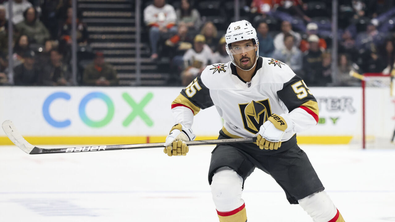 ANAHEIM, CA - DECEMBER 4: Keegan Kolesar #55 of the Vegas Golden Knights skates during the game against the Anaheim Ducks on December 4, 2024 at Honda Center in Anaheim, California.