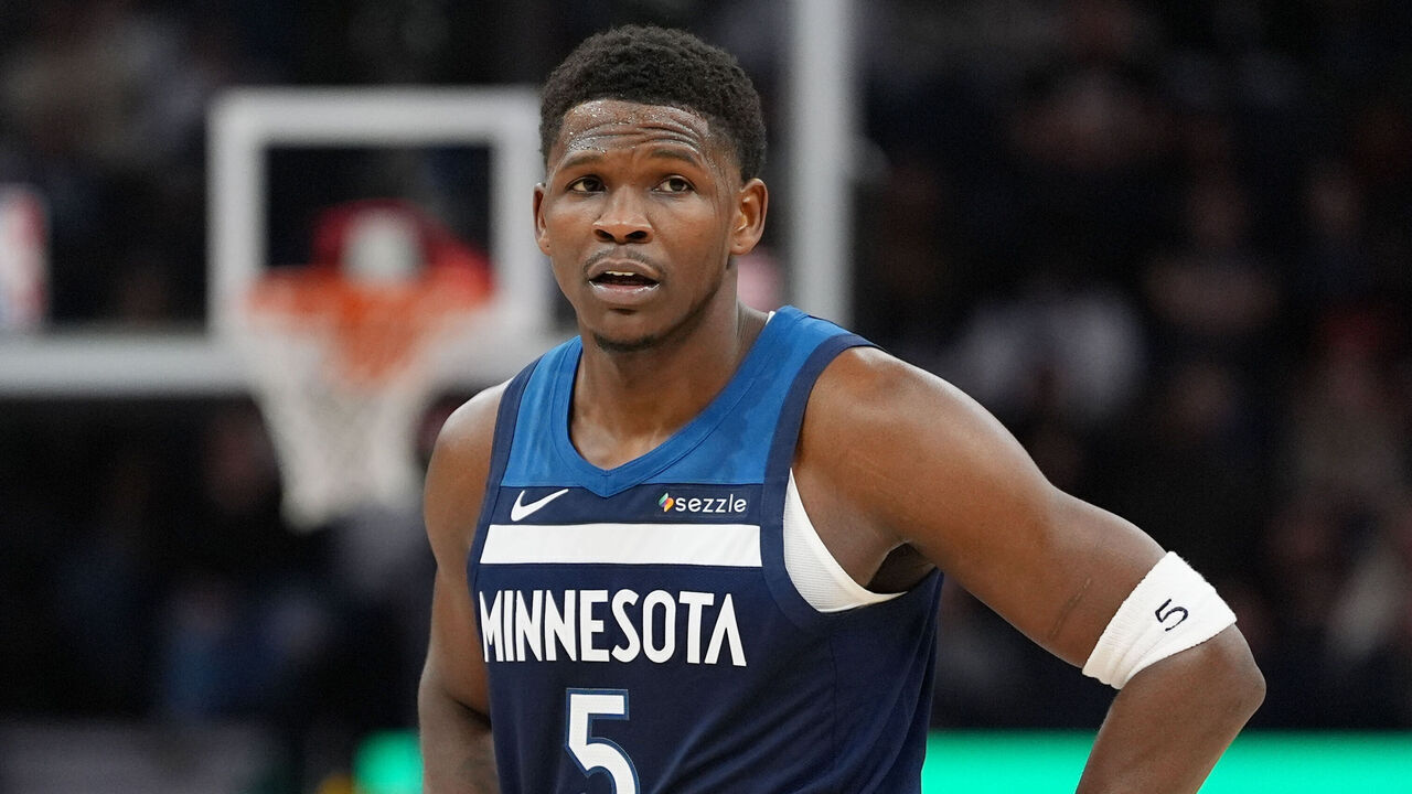 MINNEAPOLIS, MN - DECEMBER 13: Anthony Edwards #5 of the Minnesota Timberwolves looks on during the game against the Los Angeles Lakers on December 13, 2024 at Target Center in Minneapolis, Minnesota. Mandatory Copyright Notice: Copyright 2024 NBAE