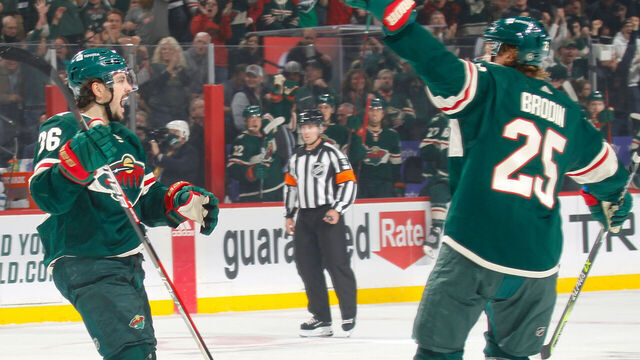 SAINT PAUL, MN - OCTOBER 19: Mats Zuccarello #36 celebrates his goal with his Minnesota Wild teammate Jonas Brodin #25 against the Winnipeg Jets during the game at the Xcel Energy Center on October 19, 2021 in Saint Paul, Minnesota.