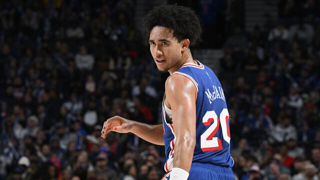 PHILADELPHIA, PA - DECEMBER 4: Jared McCain #20 of the Philadelphia 76ers looks on during the game against the Orlando Magic on December 4, 2024 at the Wells Fargo Center in Philadelphia, Pennsylvania NOTE TO USER: User expressly acknowledges and agrees that, by downloading and/or using this Photograph, user is consenting to the terms and conditions of the Getty Images License Agreement. Mandatory Copyright Notice: Copyright 2024 NBAE